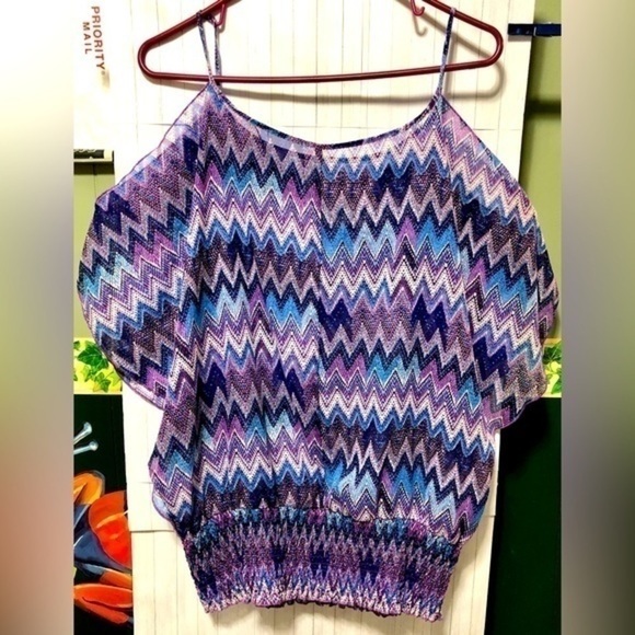 🍉 Myth NYC Purple Blue Chevron Open Shoulder Gathered Waist Shirt - Picture 10 of 11